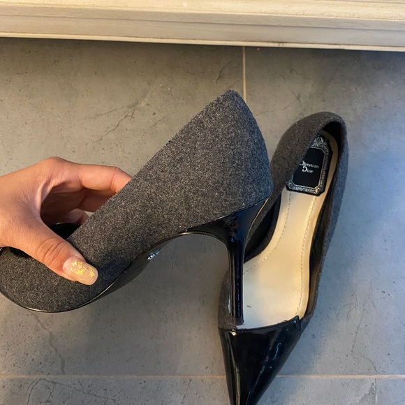 Dior grey wool blend with black penitent leather pointed toe pumps 5.5cm heels - Picture 5 of 6